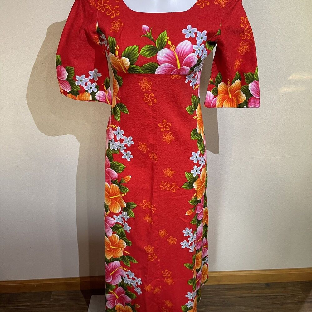 Vintage Ui Maikai Barkcloth Cotton Aloha Hibiscus Dress Hawaiian Empire Waist